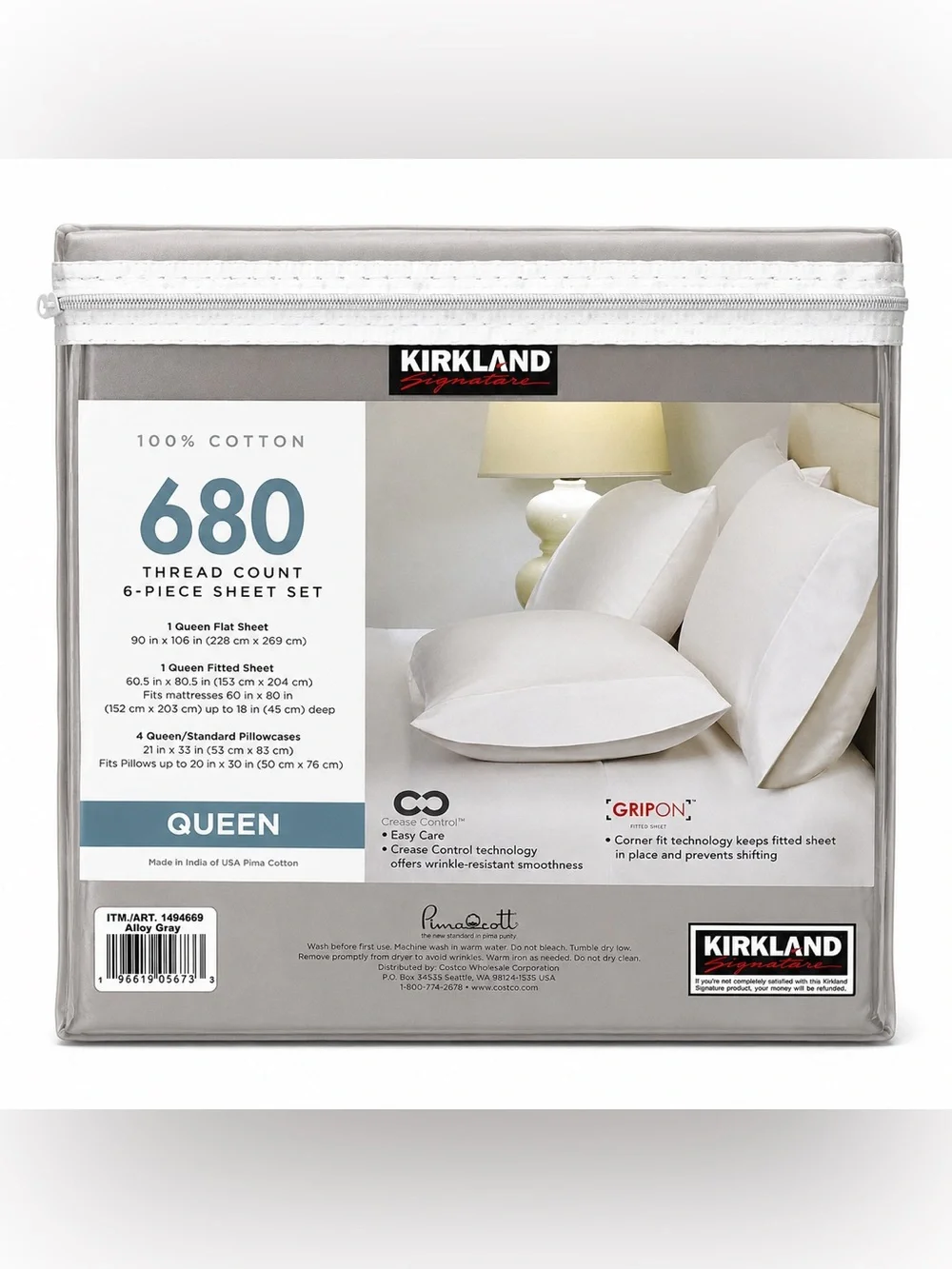 Kirkland Signature Queen 680 TC Pima Cotton 6Pc Sheet Set Alloy Gray NEW